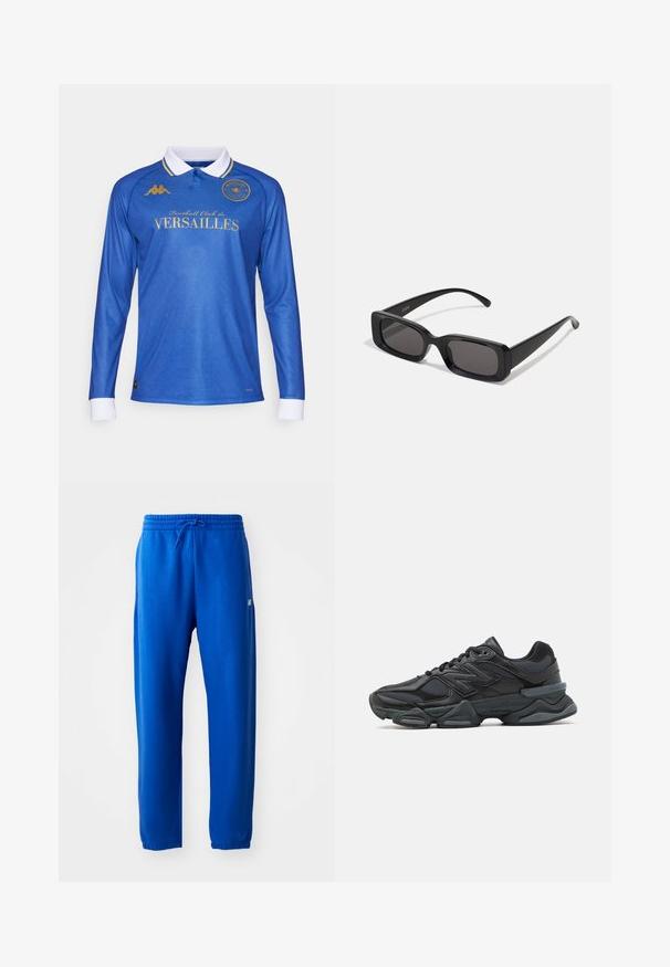 Modrá dlhá rukávová futbalová dres s bielym golierom, s výraznými zlatými logami a textom, textúrovaným diagonálnym vzorom a kontrastnými bielymi manžetami.; Modré tepláky vyrobené z jemnej látky, s elastickým pásom na šnúrku, so zúženými nohavicami a malým logom na boku.; Čierna bežecká obuv so zmesou sieťoviny a syntetických materiálov, robustnou podrážkou, zakriveným dizajnom a výrazným logom na boku.; Čierne obdĺžnikové slnečné okuliare s tmavými šošovkami, lesklým povrchom, širokými ramenami a robustným rámovým dizajnom. Vygravírované meno značky na jednom ramene.