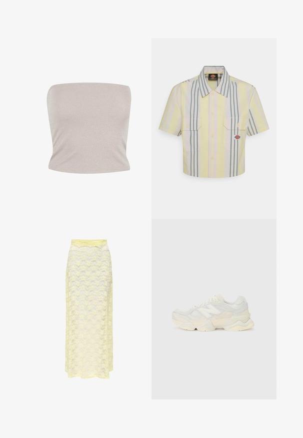 Bandeau tops gaisā bežā adītā audumā ar smalku spīdumu, ar pieguļošu dizainu un gludu tekstūru, ar taisnu izgriezumu.; Izgriezta īsām piedurknēm krekls gaiši dzeltenā krāsā ar vertikālām zaļām un pasteļtoņu svītrām. Iezīmē divas krūšu kabatas un logo uzšuvumi uz kreisās kabatas.; Dzeltena mežģīņu maksi svārki ar viļņotu rakstu, ar gludu jostu un maigu, caurspīdīgu tekstūru. Izstrādāti plūstošam siluetam.; Vieglas sporta apavus ar sieta un zamšādas augšdaļu maigos krēma tonī, ar masīvu zoli un trīsdimensionāliem akcentiem.