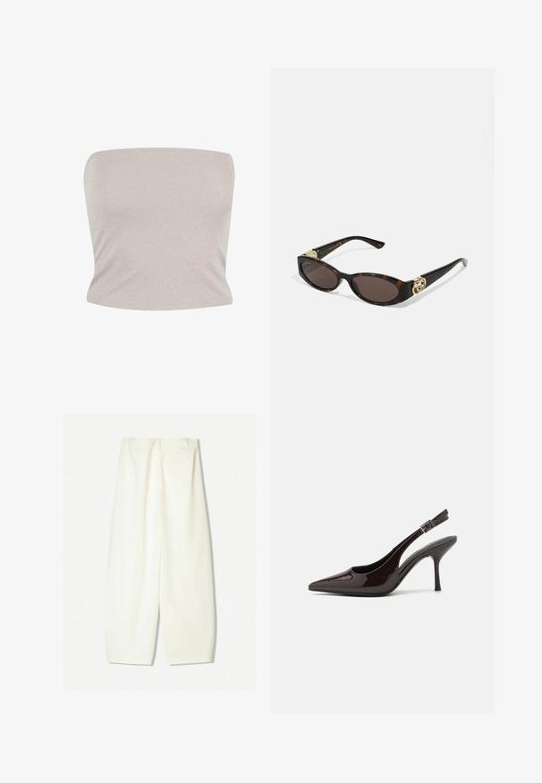 Világos bézs kötött anyagú bandeau felsőrész finom csillogással, illeszkedő szabással és sima textúrával, egyenes dekoltázzsal.; Széles szárú br ifatóg a puha krém színű anyagból, sima textúrával, elülső zsebekkel és laza szabással, közepes derékszabással.; Fényes sötétbarna lakkbőr magas sarkú slingback cipő, hegyes orral, nyitott oldalakkal és állítható bokapánttal.; Tortából készült napszemüveg, hosszúkás ovális lencsékkel, barna színű árnyalattal, arany logóval a fülkagylón, és karcsú fekete szárakkal.