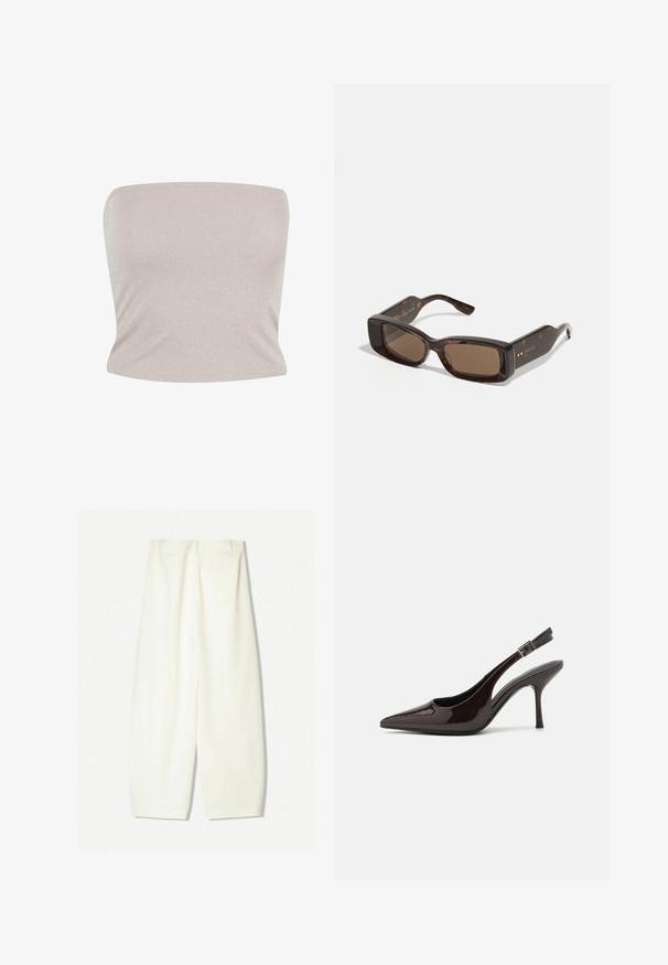 Bandeau top v svetlo béžovej pletenine s jemným leskom, s priliehavým strihom a hladkou textúrou, s rovnými výstrihom.; Bavlnené nohavice s širokými nohavicami v jemnej krémovej farbe, s hladkým povrchom, prednými vreckami a voľným strihom s pásom strednej výšky.; Slingback vysoké opätky v lesklej tmavohnedej lakovej koži, so špicatou špičkou, otvorenými stranami a nastaviteľným remienkom na členku.; Slnečné okuliare Gucci s obdĺžnikovými hnedými sklami, rámom z korytnačiny acetátu a zlatými detailmi loga na nožičkách.