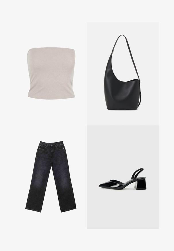 Bandeau top v svetli bež pleteni tkanini z diskretno sijočim učinkom, ki ima prilegajoč dizajn in gladko teksturo, s ravnim izrezom.; Visoke črne-denim hlače z širokim krojem, zasnovane s petimi žepi in vidnimi šivi. Tkanina ima gladek, rahlo teksturiran videz.; Črne lakirane slingback pete s koničastim nosom in geometrijsko blokasto peto. Imajo eleganten, minimalističen dizajn in gladko teksturo.; Črna usnjena hobo torba z gladko teksturo, ukrivljeno obliko in eno nastavljivo naramnico; ima širok odprtina na vrhu.