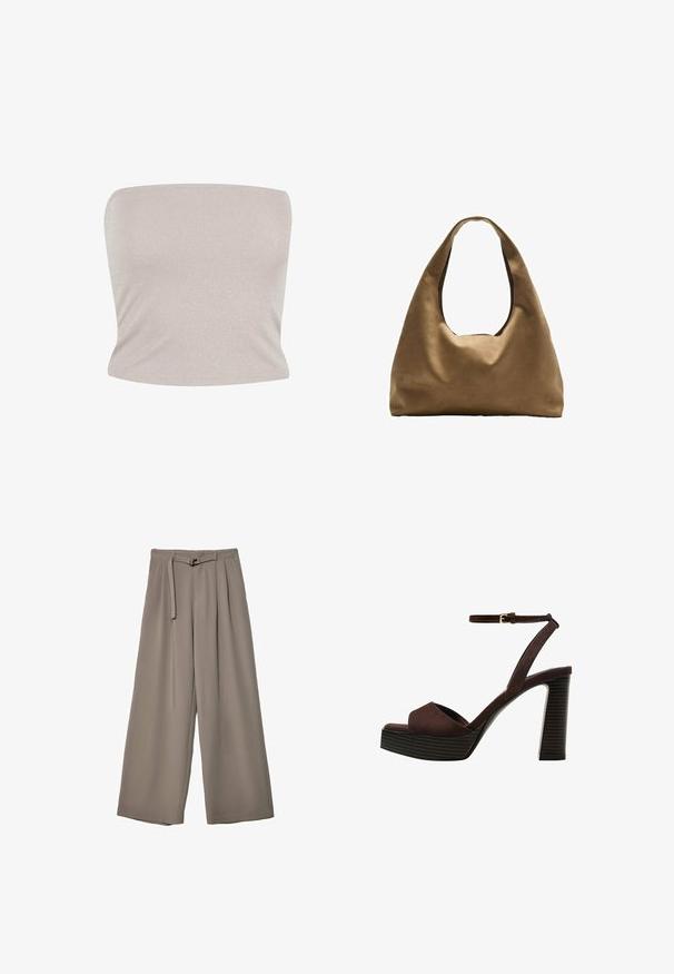 Bandeau top u svijetlosmeđem pletenom materijalu s suptilnim sjajem, koji ima prilagođeni kroj i glatku teksturu, s ravnim dekolteom.; Široke hlače u mekoj, prigušenoj sivoj tkanini, s remenom na struku i plisiranim detaljima za dodatni dizajn. Glatka tekstura, bez uzoraka.; Smeđe zamšaste sandale s visokim potpeticama, otvorenim prstima, podesivom trakicom oko gležnja i prugastom platformom.; Smeđa platnena torba za rame s širokim, zaobljenim tijelom i velikim izrezanim drškom. Mekana tekstura, minimalistički dizajn i bez vidljivog hardvera.