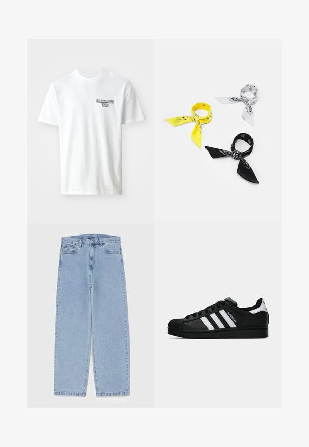 Biely bavlnený tričko s okrúhlym výstrihom. Na ľavej strane hrude má malé modré textové logo "CARHARTT WIP". Klasický strih, krátke rukávy.; Svetlomodré denimové džínsy s rovnými nohavicami, s polovysokým pásom, piatimi vreckami a zapínaním na gombík a zips.; Čierne tenisky Adidas Superstar s bielymi pruhmi, špičkou v tvare mušle a textom "Superstar" na boku, zobrazené v bočnom profilu na bielom pozadí.; Tri zástery: jedna žltá s čiernymi vzormi, jedna biela s čiernymi dizajnmi a jedna čierna s bielou grafikou. Všetky sú štvorcové, z ľahkej látky.
