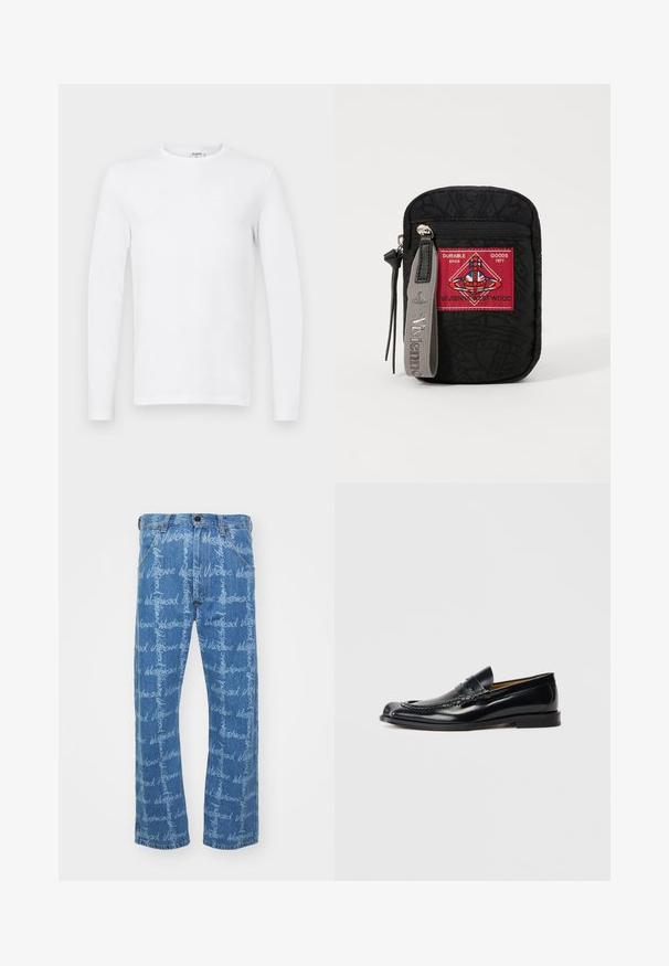 Majica s dugim rukavima, jednostavna bijela, prikazana na ravnoj, svijetlosivoj pozadini.; Plave traperice s ravnim nogavicama, s ponavljajućim uzorkom teksta "Vivienne Westwood" u bijeloj boji. Klasični dizajn s pet džepova.; Crne kožne mokasine s glatkom završnom obradom, zaobljenim vrhom, dekorativnim šavovima i niskim uloškom. Nema vidljivog brendiranja.; Crna torbica od teksturirane tkanine, s crvenim aplikacijom s logotipom, zatvaranjem na zip i sivim remenom s utisnutim imenom branda.