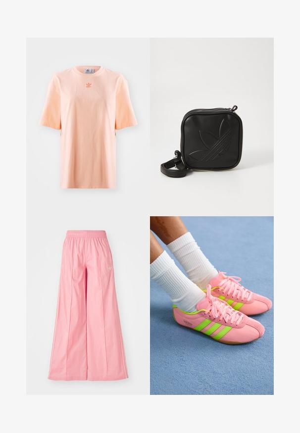 Peach-colored cotton t-shirt with short sleeves, round neckline, and an embroidered logo in the center. Relaxed fit with side slits.; Pink wide-leg pants made of lightweight fabric, featuring an elastic waistband and subtle white side stripes. Small logo on the front.; Pink athletic shoes with green stripes and laces; features a suede and synthetic material design. White ribbed socks and blue surface below.; Black square crossbody bag made of textured synthetic material. Features an embossed logo design and adjustable strap. Zipper closure.