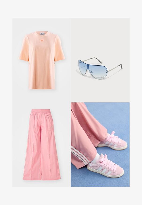 Różowa bawełniana koszulka z krótkim rękawem, okrągłym dekoltem i wyszywanym logo na środku. Luźny krój z bocznymi rozcięciami.; Różowe spodnie szerokie w nogawkach, wykonane z lekkiego materiału, z elastycznym pasem i subtelnymi białymi paskami po bokach. Małe logo z przodu.; Różowe buty sportowe z jasnoniebieskimi paskami, okrągłym noskiem i grubymi różowymi sznurówkami, w połączeniu z różowymi spodniami dresowymi z białymi bocznymi paskami.; Okulary przeciwsłoneczne typu aviator z gradientowymi niebieskimi szkłami, srebrną metalową oprawą oraz dekoracyjnymi akcentami w kształcie gwiazdek na soczewkach. Gładki i elegancki design.