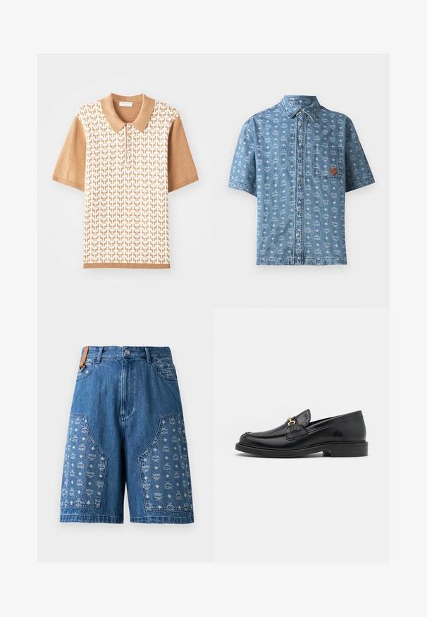 Short-sleeve polo shirt with a beige textured pattern, light brown collar and cuffs, featuring three buttons and geometric designs.; Light blue denim short-sleeve shirt with all-over white geometric pattern, front pocket, and brown logo patch, featuring metal buttons.; Denim shorts in blue with patterned paneling featuring logo motifs, patch pockets, and a classic waistband with a metal button closure.; Black leather loafers with a rounded toe, featuring gold hardware accent and stitching detail, set on a low, textured rubber sole.