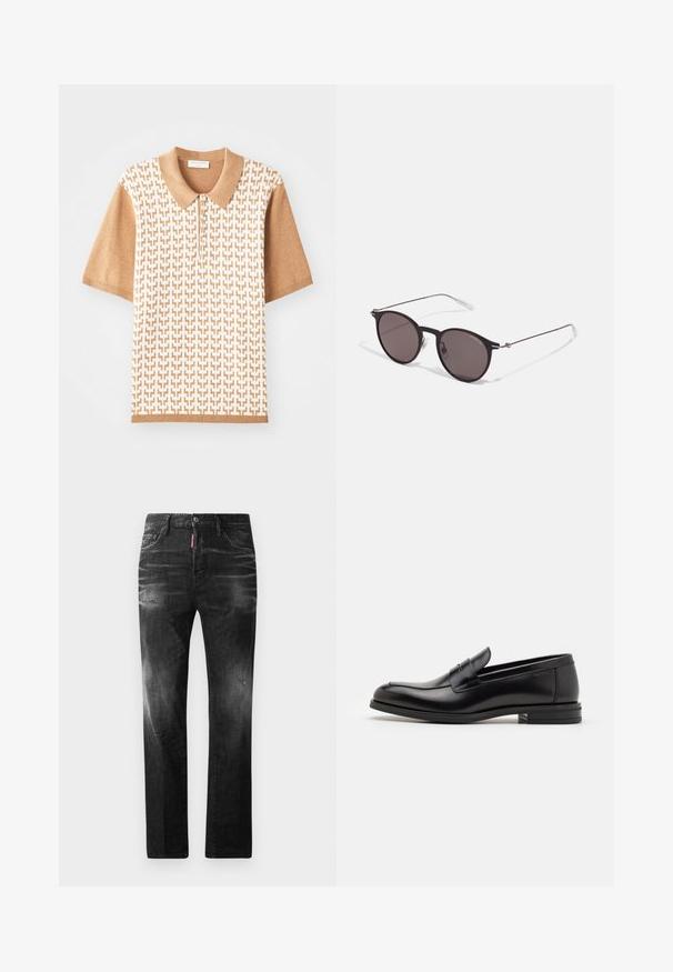 Rövid ujjú pólóing bézs textúrált mintával, világosbarna gallérral és mandzsettákkal, három gombbal és geometrikus mintákkal.; Fekete farmernadrág egyenes szabással. Fakadó területek, kisebb kopások, klasszikus öt zsebes kialakítás és gombos zárás jellemzi.; Fekete bőr loaferek sima textúrával, kerek orral és dekoratív pánttal a vampnál. Alacsony, rétegelt sarkú, minimalista dizájn.; Fekete kerek napszemüveg sötét lencsékkel és karcsú fém szárakkal. Átlátszó szárvégeket és ezüst részleteket tartalmaz az ívnél. Minimalista dizájn.