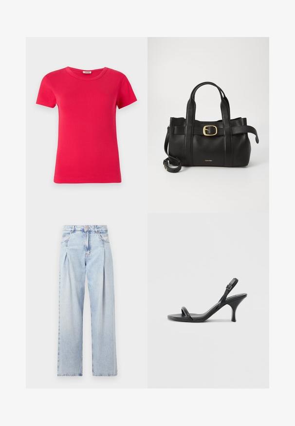 Camiseta roja de manga corta con textura acanalada y escote redondo, hecha de una tela suave, con un corte estándar y sin patrones visibles.; Jeans de mezclilla azul claros con cintura alta, corte de pierna ancha, dos bolsillos laterales y un diseño plisado. Textura suave con un acabado deslavado.; Sandalias de tacón alto de cuero negro con un tacón delgado y curvado y un diseño de tiras cruzadas. Correa para el tobillo ajustable. Textura suave.; Bolso de cuero negro con un diseño estructurado, doble mango superior, detalle de hebilla en tono dorado y logo de la marca grabado en la parte frontal.