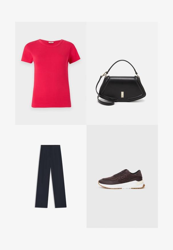 Red short-sleeve t-shirt with a ribbed texture and round neckline, made from a smooth fabric, featuring a standard fit and no visible patterns.; Navy wide-leg trousers featuring an elastic waistband, two side pockets, and a smooth, woven texture. No visible patterns or hardware details.; Dark brown sneaker with black lining, embossed logo on side, white thick sole, and gum-colored outsole on a plain background.; Black leather handbag with a structured design, featuring a cropped shape, top handle, and gold hardware accent. Adjustable shoulder strap included.