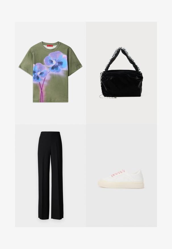 Alyvuogių žalia marškinėliai su dideliu mėlynų ir purpurinių gėlių grafikos atvaizdu, tamsiais centrais, trumpomis rankovėmis ir apvaliu iškirpimu.; Juodi platūs kelnių kelnės su lygiu paviršiumi, turinčios aukštą liemenį ir centrinės raukšlės. Nėra matomų raštų ar metalinių detalių.; Baltos sportbačiai su rožinėmis raišteliais, turintys lygaus odos dizainą, apvalią nosį ir šviesiai smėlinį guminį padas, įskaitant siuvimo detales.; Juodas dirbtinės odos rankinė su tekstūruotu paviršiumi, su sidabriniu karoliukų akcentu viršutinėje rankenoje ir grandinine juosta.