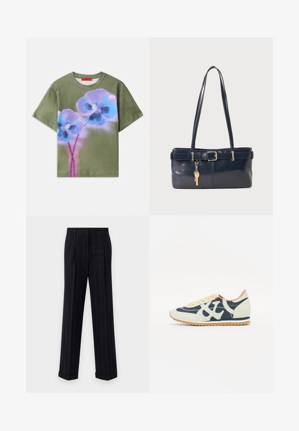 Oliivroheline T-särk, millel on suur siniste ja lillade lillede graafika tumedate keskustega, lühikesed varrukad ja ümar kaelus.; Mustra mustriga tumeda värvusega püksid, millel on kohandatud lõige, varras ja ees olevad voldid. Valmistatud siledast kangast, millel on struktureeritud disain.; Tossud, mis sisaldavad kreemja, tumesinise ja nahkmeeste materjalide segu, lipsukujundus, diagonaalsed õmblused ning kummist tallad hea haardumisega.; Tumedast nahast käekott kahe pika käepidemega, pandla detailiga ja võtmehoidjaga. Omab siledat tekstuuri ja ristkülikukujulist vormi.