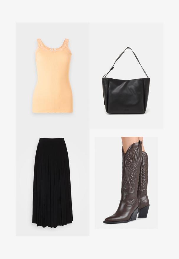 Peach ribbed tank top with lace trim along the scoop neckline and straps, featuring a fitted silhouette and lightweight fabric.; Black pleated skirt with a high, stretchy waistband. Made from soft fabric, featuring vertical pleats for a flowing silhouette.; Brown leather cowboy boots with pointed toe and block heel, featuring detailed stitching and raised accents on the shaft.; Calvin Klein GRACIE MEDIUM - Handbag - black
