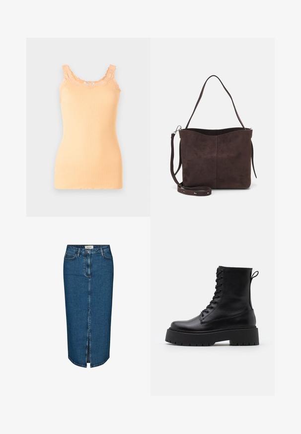 Perzik ribbel tanktop met kant langs de ronde halslijn en schouderbanden, met een getailleerde silhoeet en lichte stof.; Denim kokerrok in donkerblauw, met een voor Slits, vijf zakken en contrasterende stiksels. Mid-rise taille met een klassiek ontwerp.; Zwarte leren enkelboots met een ronde neus, vetersluiting aan de voorkant en een dikke rubberen zool met een gestructureerd profiel. Trekbandje aan de achterkant.; Bruine suède schoudertas met een zachte textuur, voorzien van een enkele schouderband en een subtiele, gebogen bovenopening. Geen zichtbare hardwaredetails.