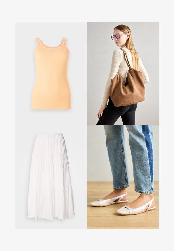 Persikkavärinen ribbikuvioinen hihaton paita, jossa on pitsireunus kaarrokkeessa ja olkahihnoissa. Paidassa on tiukka siluetti ja kevyt kangas.; Valkoinen, kerroksellinen midi-hame, jossa on kuminauhavyötärö. Hameessa on pehmoista, kevyttä kangasta ja hieman ryppyinen pinta.; Vaaleanpunaiset slingback-ballerinat, joissa on terävä kärki, valmistettu sileästä nahkamaisesta materiaalista. Sivujen leikkuuyksityiskohdat ja tasapohja.; Ruskea nubukkivuoriolaukku, jossa on pehmeä rakenne, tilava avaus ja pitkät hihnat. Ominaisuuksiin kuuluu yksinkertainen muotoilu näkyvine ompeleineen ja ilman metalliosia.