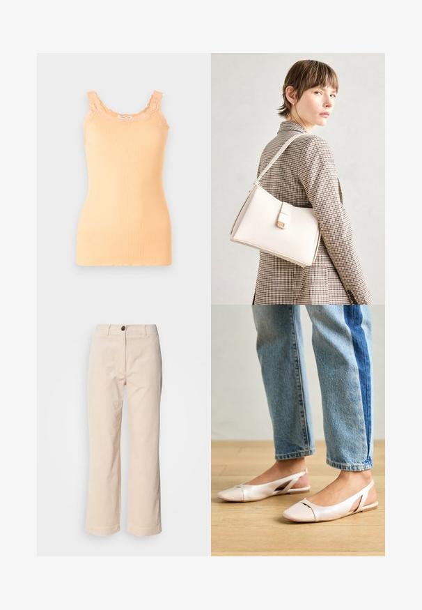 Débardeur côtelé pêche avec bordure en dentelle le long de l'encolure dégagée et des bretelles, présentant une silhouette ajustée et un tissu léger.; Pantalons en velours côtelé beige avec jambes droites, fermeture à bouton à l'avant et poches latérales visibles sur un fond blanc.; Ballerines slingback rose pâle avec un bout pointu, fabriquées en un matériau semblable au cuir lisse. Présentent des découpes sur les côtés et un talon plat.; Sac à main en cuir blanc au design structuré, doté d'un fermoir magnétique et d'une bandoulière, présenté sur un fond neutre.