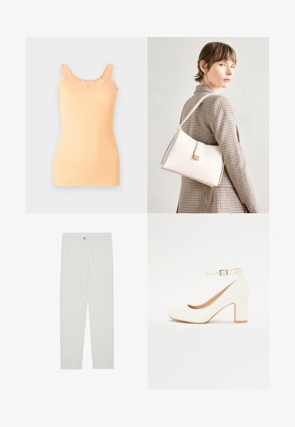 Peach ribbed tank top with lace trim along the scoop neckline and straps, featuring a fitted silhouette and lightweight fabric.; White, tailored trousers with a straight leg design, featuring a button closure, belt loops, and side pockets; smooth fabric texture.; White high-heeled shoe with a pointed toe, block heel, and ankle strap. Smooth finish with a subtle shine and beige inner lining.; White leather handbag with a structured design, featuring a magnetic clasp and a shoulder strap, showcased against a neutral background.
