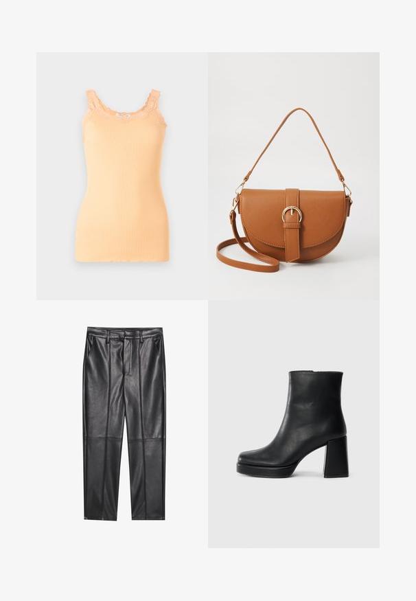 Meruňkový žebrovaný top bez rukávů s krajkovým lemem podél výstřihu a ramínek, s přiléhavým střihem a lehkým materiálem.; Černé kožené kalhoty s hladkou texturou, se střihovým provedením rovného střihu, dvěma předními kapsami a viditelnými švy.; Černý kožený kotníkový bot s blokovým podpatkem a platformou, viděný z boku na jednoduchém bílém pozadí.; Hnědá kožená křížová taška s zakřiveným tvarem, zlatými detaily a akcentem s přezkou. Obsahuje odnímatelný popruh na rameno.