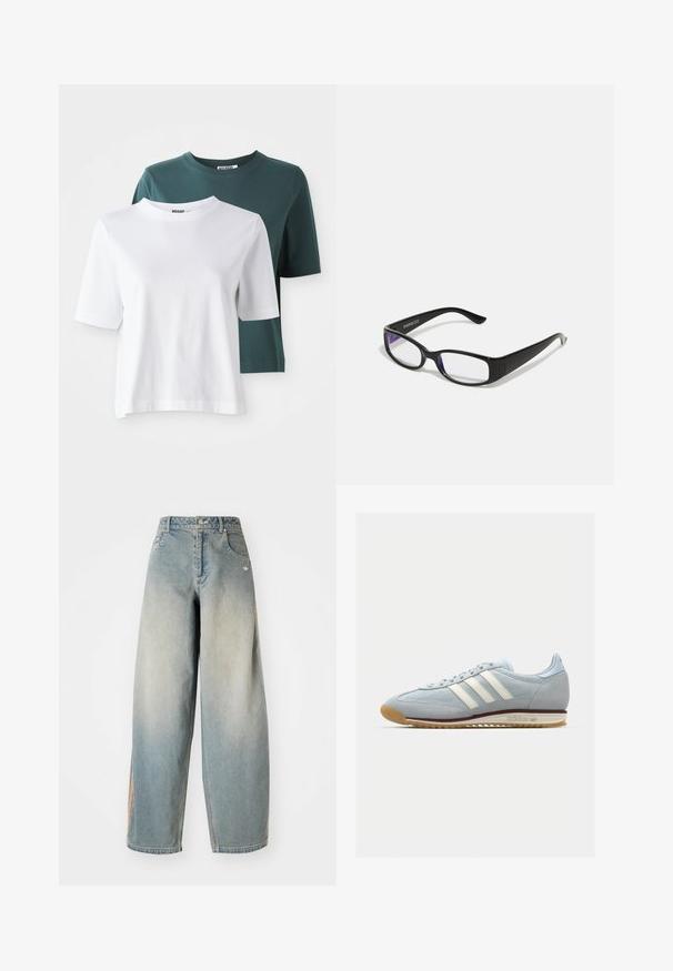 Deux t-shirts à manches courtes : un blanc et un bleu canard foncé. Tous deux ont un col rond et une texture en coton doux. Étiquette de la marque visible au niveau du cou.; Jeans en denim bleu clair à jambe large avec une finition délavée. Comprend des poches frontales, une fermeture à bouton et un logo discret sur la ceinture.; Baskets en suède bleu clair avec trois bandes blanches, semelle en caoutchouc et mesh texturé. Comprend un capuchon de orteil lisse et une marque sur le talon.; Des lunettes rectangulaires noires avec des verres transparents. Fini brillant, branches étroites et teinte violette visible sur les bords des verres.