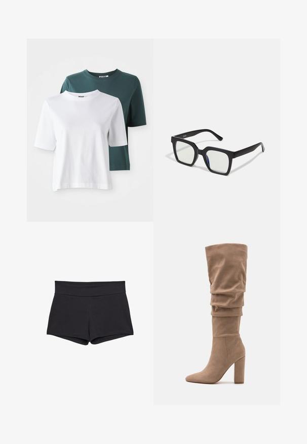 Zwei kurzärmlige T-Shirts: eines in Weiß und eines in dunklem Türkis. Beide haben einen Rundhalsausschnitt und eine weiche Baumwollstruktur. Das Markenlabel ist am Hals sichtbar.; Schwarze, enganliegende Shorts mit einem breiten Taillenbund, aus einem weichen, elastischen Stoff. Die Saumkanten sind glatt ohne sichtbare Verschlüsse oder Muster.; Anna Field Stiefel - beige; Schwarze quadratische Sonnenbrillen mit matter Oberfläche, die über transparente Gläser und einen leichten blauen Farbton auf einer Seite verfügen. Robustes, kantiges Design.