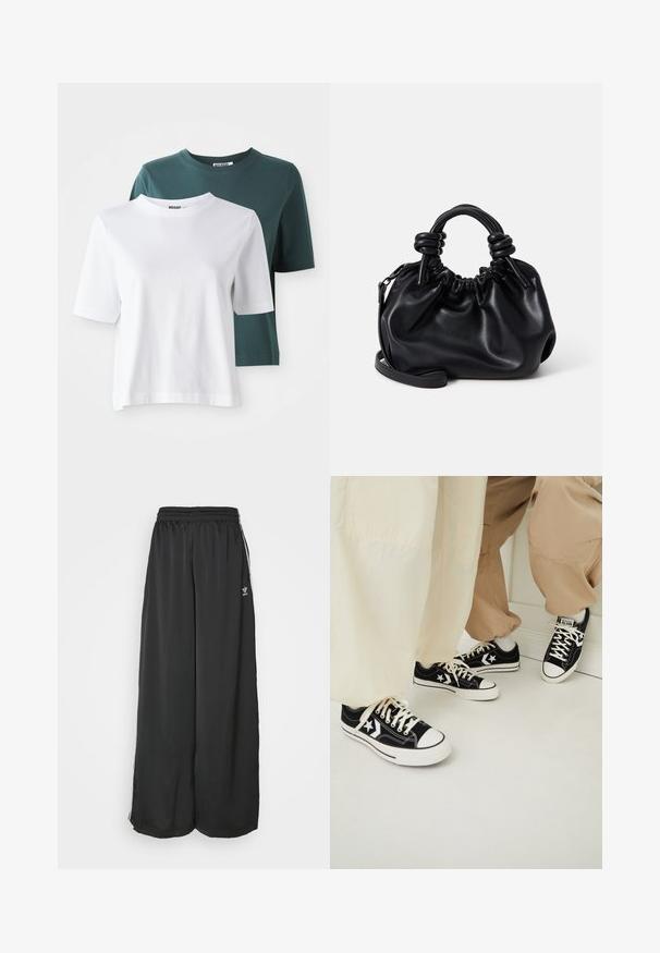 To korte ærmede t-shirts: en hvid og en mørk teal. Begge har en rund halsudskæring og en blød, bomuldsstruktur. Mærkeskilt synligt på nakken.; Sorte løstsiddende træningsbukser lavet af glat stof. Har en elastisk talje og sidelogsstriber med logoaccents.; Sorte kanvas sneakers med hvide gummisåler, prydet med hvide stjerne-detajler og sorte snørebånd, parret med lyse beige og cremefarvede bukser.; Sort læder håndtaske med en sammensamlet design, korte, rundede håndtag og en aftagelig skulderrem. Glat tekstur med en blød silhuet.