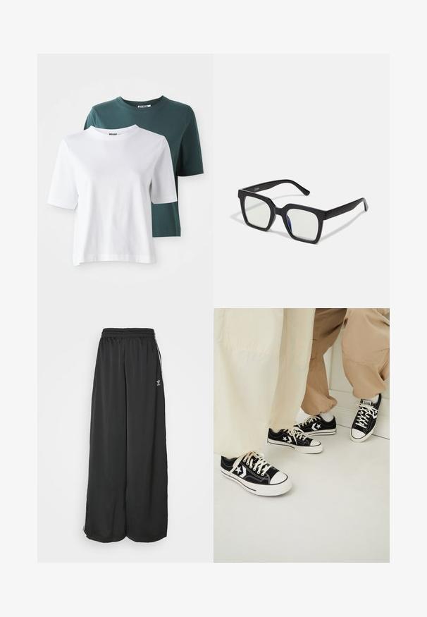 Zwei kurzärmlige T-Shirts: eines in Weiß und eines in dunklem Türkis. Beide haben einen Rundhalsausschnitt und eine weiche Baumwollstruktur. Das Markenlabel ist am Hals sichtbar.; Schwarze, locker sitzende Jogginghosen aus glattem Material. Mit elastischem Bund und seitlichen Streifen mit Logo-Akzenten.; Schwarze Segeltuch-Sneaker mit weißen Gummisohlen, verziert mit weißen Sternakzenten und schwarzen Schnürsenkeln, kombiniert mit hellbeigen und cremefarbenen Hosen.; Schwarze quadratische Sonnenbrillen mit matter Oberfläche, die über transparente Gläser und einen leichten blauen Farbton auf einer Seite verfügen. Robustes, kantiges Design.