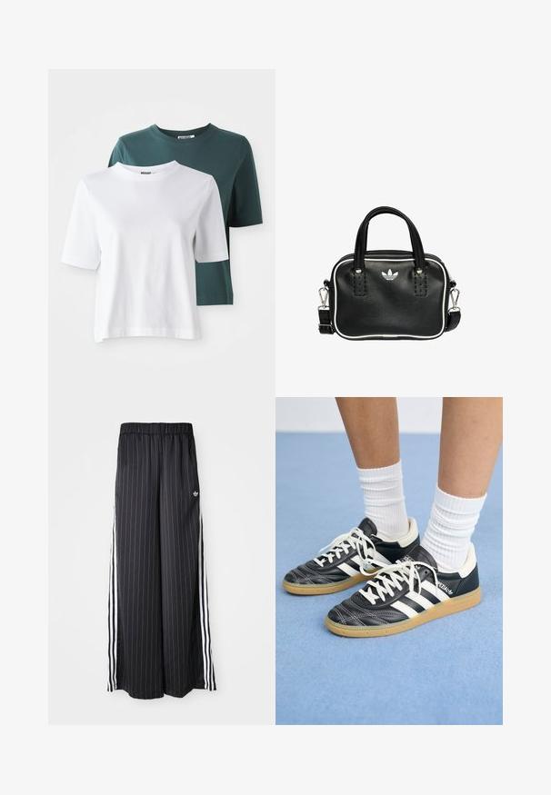 Dvě trička s krátkým rukávem: jedno bílé a jedno tmavě tyrkysové. Obě mají kulatý výstřih a jemný bavlněný materiál. Logo značky viditelné na krku.; Černé široké kalhoty s vertikálními bílými pruhy, elastický pas a tři bílé pruhy po straně. Logo Adidas na přední straně.; Černé kožené tenisky s bílými pruhy, kulatou špičkou, bílými tkaničkami a gumovou podrážkou. Zvýrazněno polstrovaným límcem a detaily s logem.; Černá kožená kabelka se dvěma krátkými uchy, stříbrným kováním, bílými detaily a bílým logem. Má texturovaný povrch a kompaktní design.