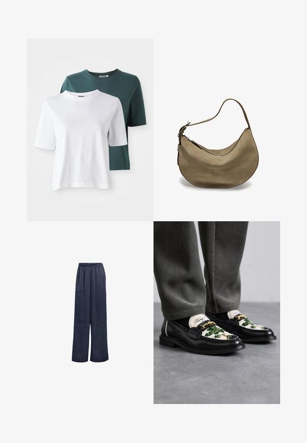 Due magliette a maniche corte: una bianca e una verde scuro. Entrambe hanno un collo rotondo e una texture morbida in cotone. Etichetta del marchio visibile sul collo.; Pantaloni a gamba larga navy realizzati in tessuto morbido con vita elastica e senza hardware visibile. Presentano una vestibilità rilassata e un design a lunghezza intera.; Mocassini neri in pelle con una parte superiore decorativa in tessuto verde e bianco. Presentano un'accento in catena dorata e una suola nera textured.; Borsa hobo in suede marrone con forma curva, tracolla singola, chiusura con zip e superficie liscia. Design semplice con dettagli hardware minimi.