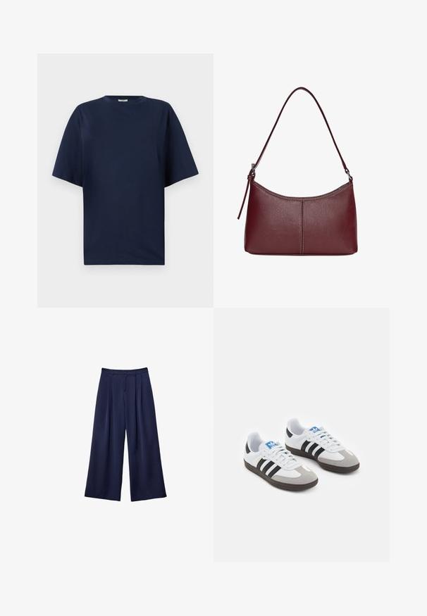 Granatowa bawełniana koszulka z okrągłym dekoltem, krótkimi rękawami i luźnym krojem. Gładka tekstura, bez wzorów ani ozdób.; Granatowe spodnie typu wide-leg z plisami, zapinane w pasie na guziki, z szlufkami na pasek, pokazane na płasko na białym tle.; Buty sportowe z białą skórzaną cholewką, szarym zamszowym noskiem i trzema czarnymi paskami. Posiadają niebieskie logo na języku oraz teksturowaną gumową podeszwę.; Bordowa torebka skórzana o zaokrąglonym kształcie, z jednym paskiem na ramię i przeszyciami w centrum. Gładka faktura, minimalna ilość elementów metalowych.