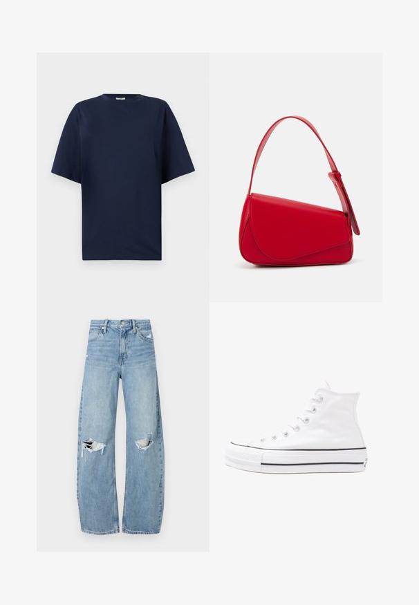 Navy blue cotton t-shirt with a round neck, short sleeves, and a relaxed fit. Smooth texture, no patterns or embellishments.; Light blue, high-waisted jeans made of denim. Feature wide legs, two torn knee areas, and classic five-pocket styling.; White high-top canvas sneaker with black rubber sole, front rubber toe cap, and six eyelets for laces, featuring a clean, minimalist design.; Red leather handbag with an angular, geometric design. Features a single adjustable strap and a flap closure with stitched detailing.