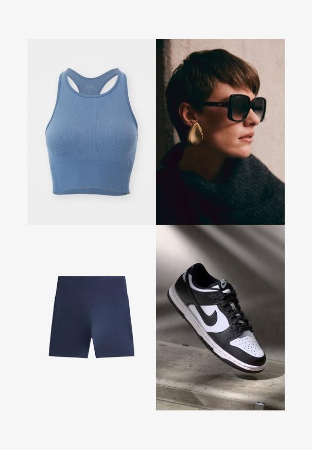Jasnoniebieski sportowy stanik o dopasowanym kroju, szerokich ramiączkach i sylwetce typu racerback. Miękka tekstura i bezszwowy pas na dole.; Granatowe szorty sportowe wykonane z gładkiego, lekkiego materiału. Dopasowany krój z wysokim stanem. Brak widocznych wzorów lub elementów metalowych.; Czarno-białe sneakersy Nike Dunk Low z cholewką skórzaną, perforowanym noskiem i czarnymi sznurowadłami, z białą podeszwą i akcentami logo.; Czarne oversize okulary przeciwsłoneczne z ciemnymi soczewkami i złotymi detalami, połączone z dużym, błyszczącym złotym kolczykiem w kształcie łezki. Ciemny, strukturalny szal.