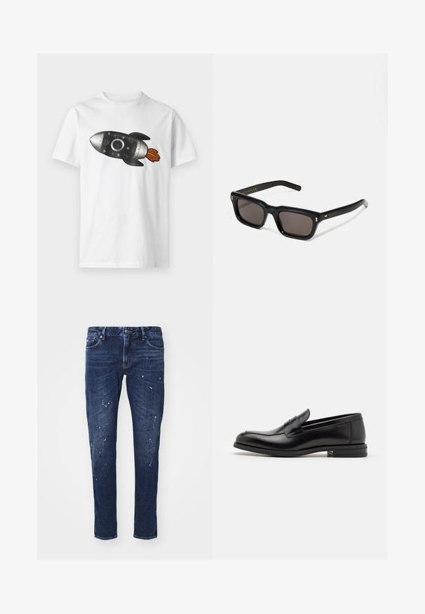 Valge lühikese varrukaga T-särk, mille esiosas keskel on must ja hõbedane raketigraafika, mille küljest väljuvad oranžid leegid.; Tumed sinised teksad kitsas lõikega, millel on värvivired, nähtavad õmblused ja tavaline viie tasku disain. Sirge sääre lõige.; Mustad mustad nahast loafers sileda tekstuuriga, ümarat ninaosa ja dekoratiivne riba vampi üle. Madal kihiline konts, minimalistlik disain.; Mustad mustakorruselised prillid tumedate läätsedega, paks plastikraam, kuldsed aksendid templites ning kaubamärgi logo graveeritud käe lilla.