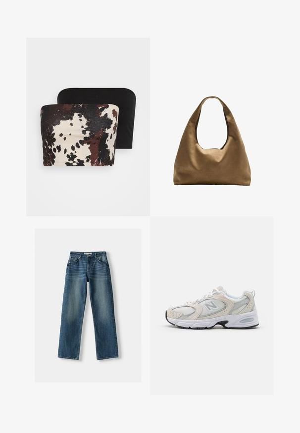 Dvě bezramínkové topy: jeden má hnědo-krémový abstraktní zvířecí potisk, zatímco druhý je čistě černý. Oba jsou vyrobeny z měkké tkaniny.; Modré džíny z denimu s rovnými nohavicemi, zapínáním na knoflík, pěti kapsami a vybledlými oblastmi. Materiál se zdá být odolný s texturovaným povrchem.; Atletická obuv s lehkým šedým síťovaným svrškem s semišovými akcenty, bílými tkaničkami a černou gumovou podrážkou. Výrazným detailem je tlumení ABZORB.; Hnědá textilní taška přes rameno s širokým, zaobleným tvarem a velkým výřezem na rukojeť. Měkká textura, minimalistický design a žádné viditelné kovové prvky.