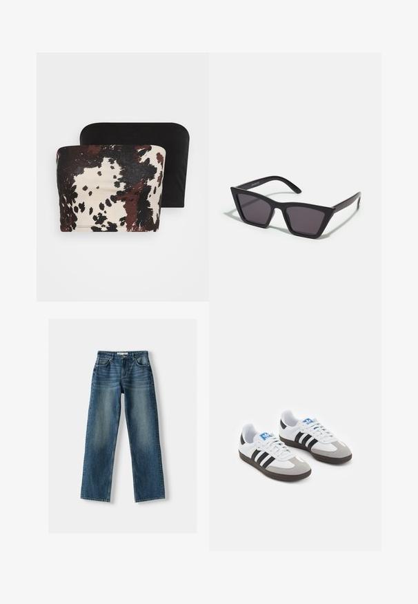 Dva topa brez naramnic: en ima rjav in kremast abstrakten živalski vzorec, medtem ko je drugi popolnoma črn. Oba sta izdelana iz mehkega blaga.; Modre kavbojke z ravnim krojem, gumbom za zapiranje, petimi žepi in zbledelimi območji. Material deluje trpežno z teksturirano površino.; Športni čevlji z belim usnjenim zgornjim delom, sivim semišem na prstih in tremi črnimi črtami. Imajo modro logo na jeziku in teksturiran gumijast podplat.; Črne, angularne sončne očala z sivimi lečami; izdelana iz plastike, imajo debele ročke z gladko površino in brez vidne opreme.