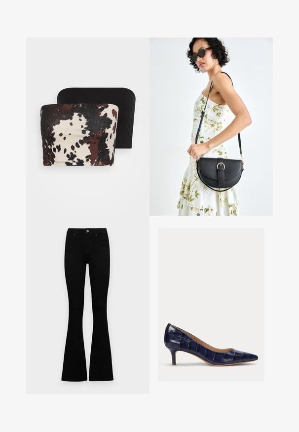 To strapless topper: en med brunt og kremfarget abstrakt dyreprint, mens den andre er ensfarget svart. Begge er laget av myk stoff.; Sorte høytlivsjeans med knapp og glidelås, frontlommer og utsvingte bein liggende flatt på en hvit bakgrunn.; Marinblå, lakkert høye hæler med spiss tå og en liten, slank hæl. Har en kviltet tekstur og ingen synlige maskinvarer.; Svart lærveske med en buet form, avtagbar stropp og gullbeslag. Vesken har et klaff med spenne-detall.