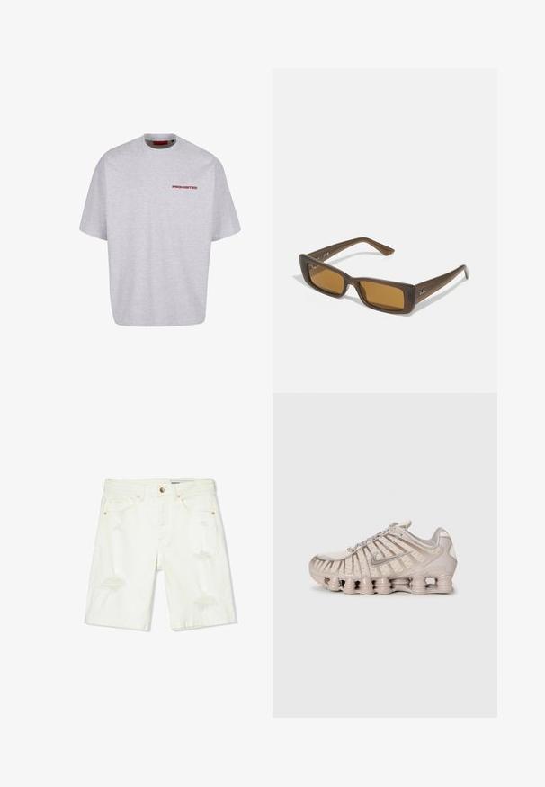 Siva bombažna majica z okroglim ovratnikom, ohlapnim krojem, kratkimi rokavi in napisom "PREPOVEDANO" v rdeči barvi na sprednji strani.; Beli denim kratke hlače z zmerno visokim pasom, poškodovano podrobno obdelavo, petimi žepi in bakrenimi okovji. Gladka struktura z sproščenim krojem.; Svetlo bež športna obuvala z mrežasto zgornjim delom, strukturirano zasnovo in značilno oblazinjeno podplat, ki vsebuje valjaste sekcije.; Rjave pravokotne sončna očala s temno rjavimi okvirji, toniranimi jantarnimi lečami in srebrnim logotipom na ročaju. Gladka mat tekstura.