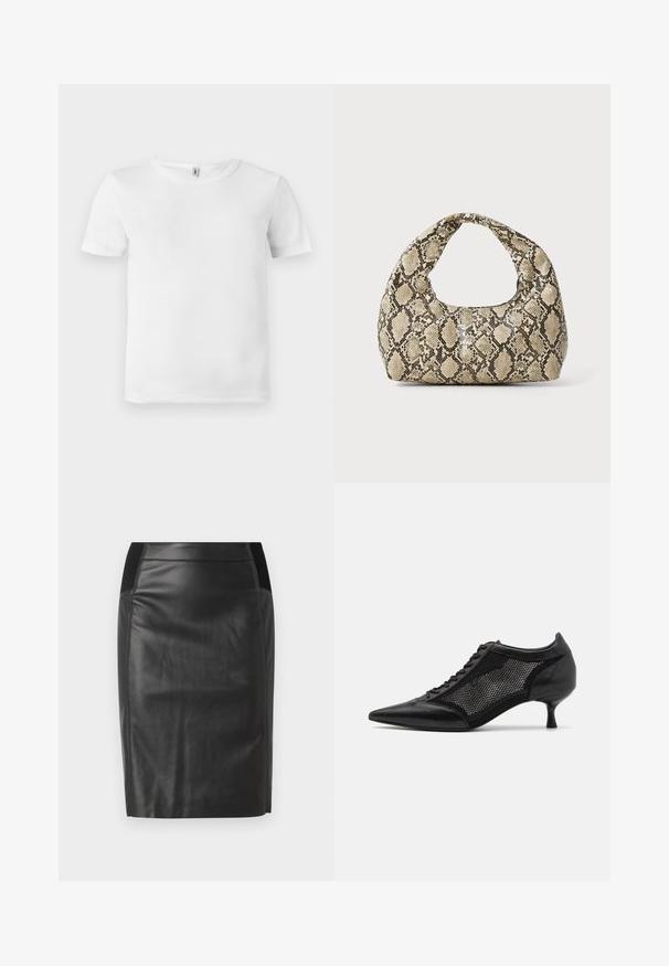 Biała koszulka z krótkim rękawem o prążkowanej strukturze. Klasyczny okrągły dekolt, bez widocznych logo ani wzorów, o prostym, czystym designie.; Czarna skórzana spódnica ołówkowa z dopasowanym krojem, gładką teksturą i elastycznym pasem po obu stronach. Płaski dół.; Czarny but na szpilce z ostrym noskiem, z panelem z siateczki, z niskim obcasem i sznurowanym przodem. Wykonany z połączenia skóry i materiału siateczkowego.; Torebka w wężowy wzór z zakrzywionym uchwytem. Wykonana z teksturowanych, beżowych i brązowych materiałów, z charakterystycznym wzorem w diamenty.