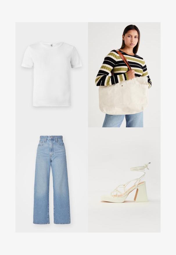 Hvid kortærmet t-shirt med ribbet tekstur. Klassisk crew neckline, ingen synlige logoer eller mønstre, og et simpelt, rent design.; Lyseblå højtaljede bukser med bred benåbning, med frontknap og lynlås, samt for- og baglommer, på en hvid baggrund.; Hvide højhælede sandaler med en kraftig hæl, der har et stropdesign og ankelbinding. Glat tekstur med en platform foran for ekstra højde.; Stor beige canvas tote bag med brune læderstropper, der har et minimalistisk design og synlige syninger.