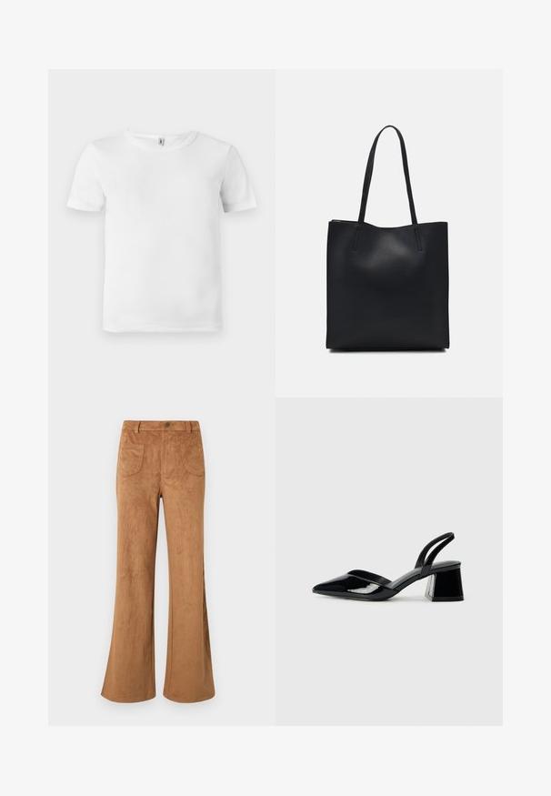 Tricou alb cu mânecă scurtă, cu o textură ribbed. Gât clasic, fără logo-uri sau modele vizibile și un design simplu, curat.; Pantaloni flared din suede maro, cu talie înaltă, buzunare frontale și dorsale, având o textură fină. Construiți pentru o potrivire lejeră pe toată lungimea piciorului.; Pantofi cu toc slingback din piele lacuită neagră, cu vârf ascuțit și toc geometric. Prezintă un design elegant, minimalist și o textură netedă.; Geantă tote neagră din piele, cu textură netedă, formă rectangulară și două mânere lungi. Fără hardware vizibil sau ornamente.