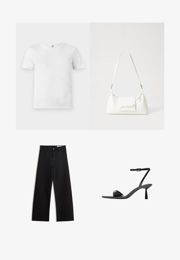 Witte t-shirt met korte mouwen en een geribde textuur. Klassieke ronde hals, geen zichtbare logo's of patronen, en een eenvoudig, strak ontwerp.; Zwarte denim broek met wijde pijpen en een hoge taille, voorzien van voor- en achterzakken, gestikte naden en een knoopsluiting. Gladde textuur.; Bershka Sandalen met hoge hak - black; Witte synthetische handtas met een driehoekige vorm, platte voorklep en strikdetail, verstelbare schouderriem, gladde textuur en minimalistisch ontwerp.