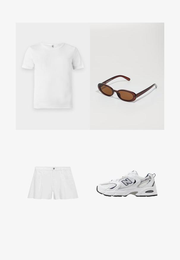 White short-sleeve t-shirt with a ribbed texture. Classic crew neckline, no visible logos or patterns, and a simple, clean design.; White cotton shorts with a relaxed fit, featuring front pockets, a button closure, and flat seams for a smooth finish.; White athletic shoe with mesh upper, navy accents, and cushioned sole. Features "N" logo, laces, and textured detail on side.; Round, brown-tinted sunglasses with a glossy burgundy frame. Slim arms with subtle branding detail. Flat lens design.