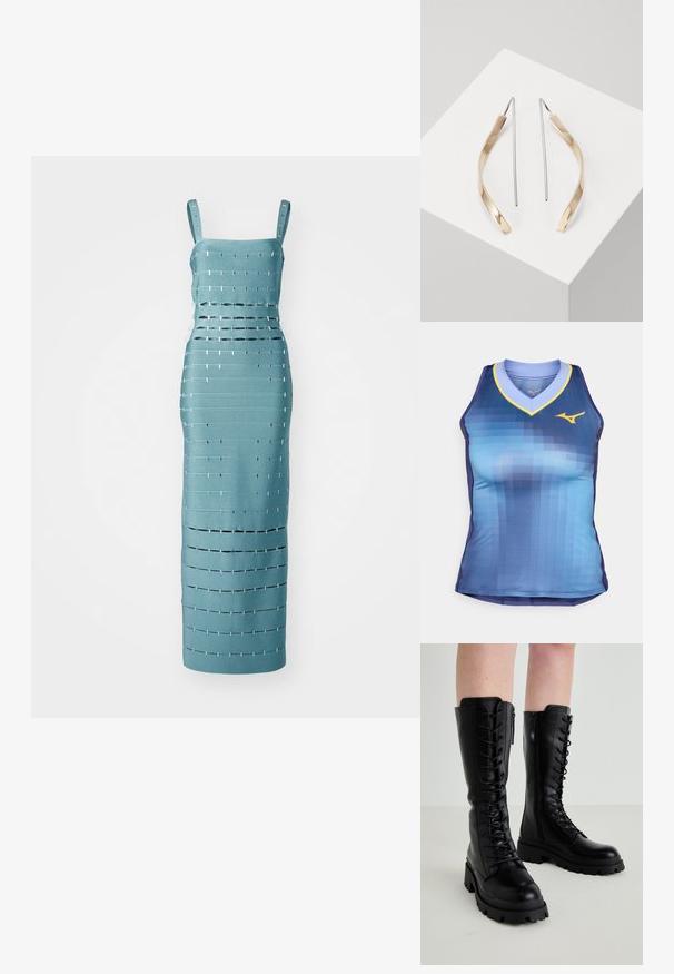 Bežės rankovių sportinė maikutė su mėlynų atspalvių gradientiniu dizainu, V formos iškirpte su geltonais akcentais ir prigludusia forma. Pagaminta iš lygaus, lengvo audinio.; Turkio spalvos be rankovių suknelė su horizontaliais ir vertikaliais išpjovimais, papuošta metaliniais akcentais, pritaikyta prie dailaus silueto.; Juodos odinės iki kelių aukštos bootai su raišteliais priekyje, šonine užtrauktuku, storu guminiu padu ir tekstūruotu akcentu viršuje.; Balta, stačiakampio formos rankinė pagaminta iš blizgaus medžiagos, su sidabriniu virvute. Modelis pozavo, demonstruodamas rankinę prieš paprastą foną.; Auksiniai ir sidabriniai kabantys auskarai su išlenkta, pailga forma. Blizgus paviršius su lygiu tekstūra ir minimalistinis dizainas.