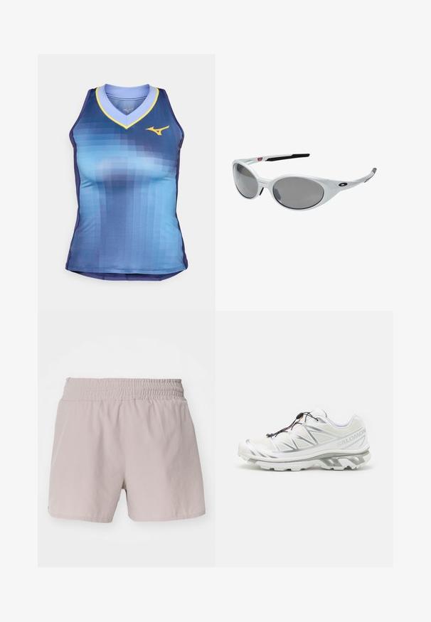 Bezruký sportovní top s gradientním designem v modrých odstínech, s výstřihem do V a žlutými akcenty, a přiléhavým střihem. Vyrobeno z hladké, lehké tkaniny.; Světle béžové šortky s elastickým pasem, hladkým povrchem a jednoduchým designem. Nemají viditelné zapínání ani vzory.; Bílé sportovní boty s texturovaným svrškem, reflexními detaily a šedou podešví. Vyznačují se akcentovanými trojúhelníkovými vzory a systémem rychlého šněrování.; Bílé plastové sluneční brýle s velkými oválnými skly, šedě tónovanými. Mají černé držáky na uši a malé logo na rámu. Hladký povrch.; Salomon ACTIVE SKIN 12 SET UNISEX - Turistický ruksak s hydrovakem - black