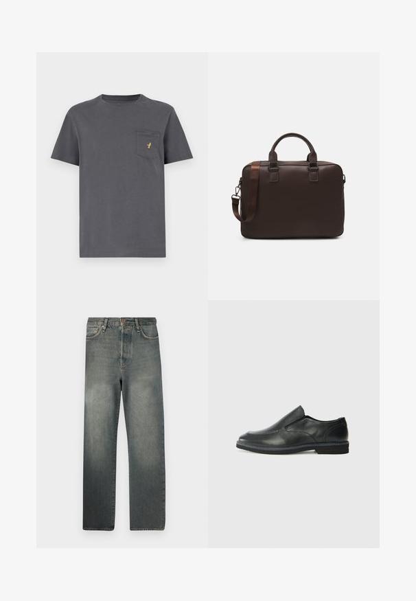 Tricou din bumbac gri, cu mâneci scurte, guler rotund și un buzunar care are un mic logo auriu pe partea stângă. Textură netedă a materialului.; Jack & Jones JJIALEX JJCOOPER - Blugi largi - black denim; Pantof de piele neagră, tip slip-on, cu un superior neted, accente cusute, vârf rotunjit și un toc jos din cauciuc. Talpa are un profil minim de aderență.; Geantă pentru laptop din piele maro cu o suprafață texturată, mânere superioare duale, curea ajustabilă și două catarame frontale pentru un detaliu suplimentar.