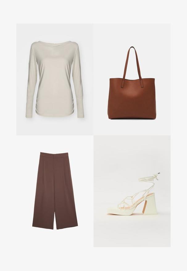 Dlhý rukáv béžová blúzka so širokým výstrihom v tvare lode, vyrobená z ľahkého materiálu s hladkým povrchom a priliehavým strihom.; Hnedé nohavice so širokými nohavicami a hladkou textúrou, s vysokým pásom a prednými skladmi. Tkanina je ľahká a voľne sa pohybuje.; Biele sandále na vysokom opätku s hrubým podpätkom, s pruhovaným dizajnom a viazaním na členku. Hladký povrch s platformou vpredu pre zvýšenú výšku.; Hnedá kožená taška na rameno s hladkou textúrou, otvoreným vrchom a dvoma ramenými popruhmi. Má minimálne šitia a žiadne viditeľné kovania.
