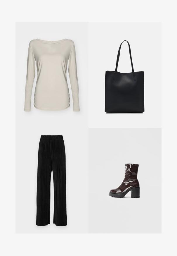 Long-sleeved beige top featuring a wide boat neckline, made from lightweight fabric with a smooth texture and a fitted shape.; Black pleated trousers with an elastic waistband. Features wide legs and a smooth, textured fabric with vertical stripes.; Glossy burgundy ankle boot with a chunky black heel, featuring a smooth texture and simple design. No visible fastenings or patterns.; Black leather tote bag with smooth texture, rectangular shape, and two long handles. No visible hardware or embellishments.