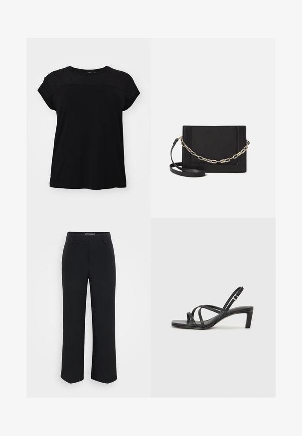 Camiseta negra con cuello redondo y mangas cortas. La parte superior presenta un elegante encaje texturizado. La tela parece suave y ligera.; Pantalones de pierna ancha negros con una textura suave, con una cintura plana y bolsillos laterales, diseñados con una estética minimalista.; Sandalia negra de tiras con punta cuadrada y tacón bajo de bloque. Presenta múltiples tiras delgadas y una correa ajustable en el tobillo. Fabricada en cuero suave.; Bolso cruzado de piel negra con textura suave, forma rectangular y un detalle de cadena metálica en el frente. Incluye una correa ajustable.; Anillo de plata de doble banda con una superficie lisa y pulida. Presenta un diseño fluido y curvado con secciones superpuestas para un aspecto moderno.