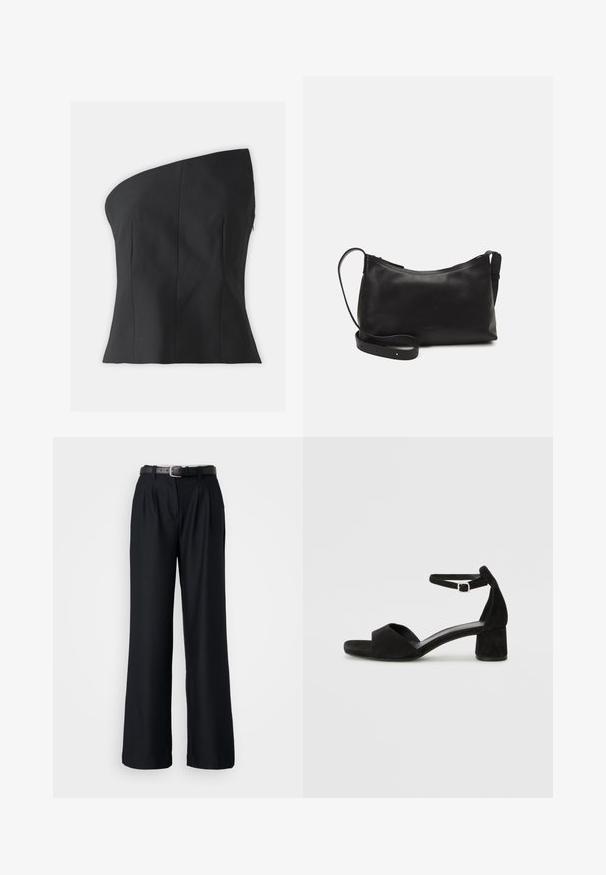 Schwarzes einseitiges Oberteil mit tailliertem Design, strukturiertem Schnitt, glatter Textur und vertikalen Nähten am Oberteil. Reißverschlussverschluss auf der Rückseite.; Schwarze weit geschnittene Hose aus glattem Stoff, mit vorderen Falten und einem passenden schwarzen Gürtel mit einer silbernen Schnalle.; Schwarze Wildleder-Espadrilles mit einem dünnen Knöchelriemen, offener Zehenpartie und moderatem Blockabsatz. Glatte Textur und minimale Akzente.; Schwarze Ledertasche für die Schulter mit glatter Textur, geschwungener Form, verstellbarem Tragegurt und Reißverschluss. Minimalistisches Design ohne Verzierungen.