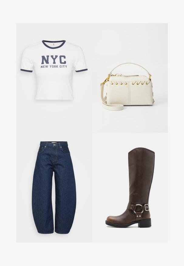 Hvit avkortet t-skjorte med marineblå ribbestrikket krage og ermer, med fet "NYC" og "NEW YORK CITY" trykt i mørkeblå.; Mørkeblå høytalende denimjeans med vide ben, frontknap og glidelås, samt klassisk femlommers design.; Brune lær knee-high støvler med rund metalhardwaredetalj og spenne. Litt teksturert overdel, stablet hæl og rund tådesign.; Hvit faux lær håndveske med glidelås på toppen, kort håndtak og avtakbar crossbody stropp med gulltone hardware. Side snøring detalj.; Sølv ringøredob med en polert finish, med små gull detaljer og en rund form, båret på øreflippen.
