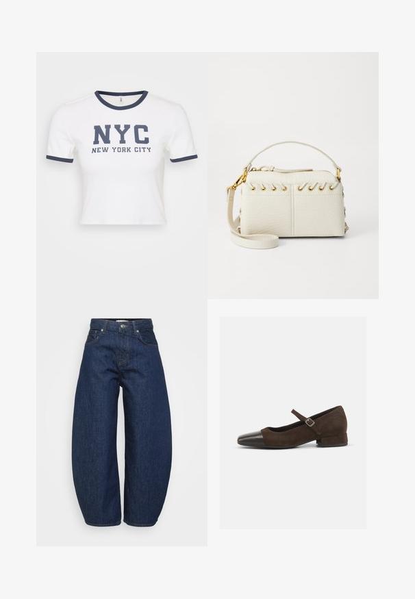 Vit kortärmad t-shirt med marinblå ribbad krage och ärmar, med kraftfullt tryck av "NYC" och "NEW YORK CITY" i mörkblått.; Mörkblå jeans i denim med en vid, avslappnad passform. Har dragkedja, fyra fickor och kontrasterande sömmar längs sömmarna.; Brun mockaskinn Mary Jane-sko med en tåhätta i svart lackläder, justerbart band och en låg blockklack. Slät yta med minimala detaljer.; Vitt fusk läderhandväska med dragkedja i toppen, ett kort handtag och ett avtagbart axelband med guldfärgade detaljer. Sidodetalj med snörning.; Silverörhänge med polerad yta, med små detaljer i guld och rund form, bärs på loben.